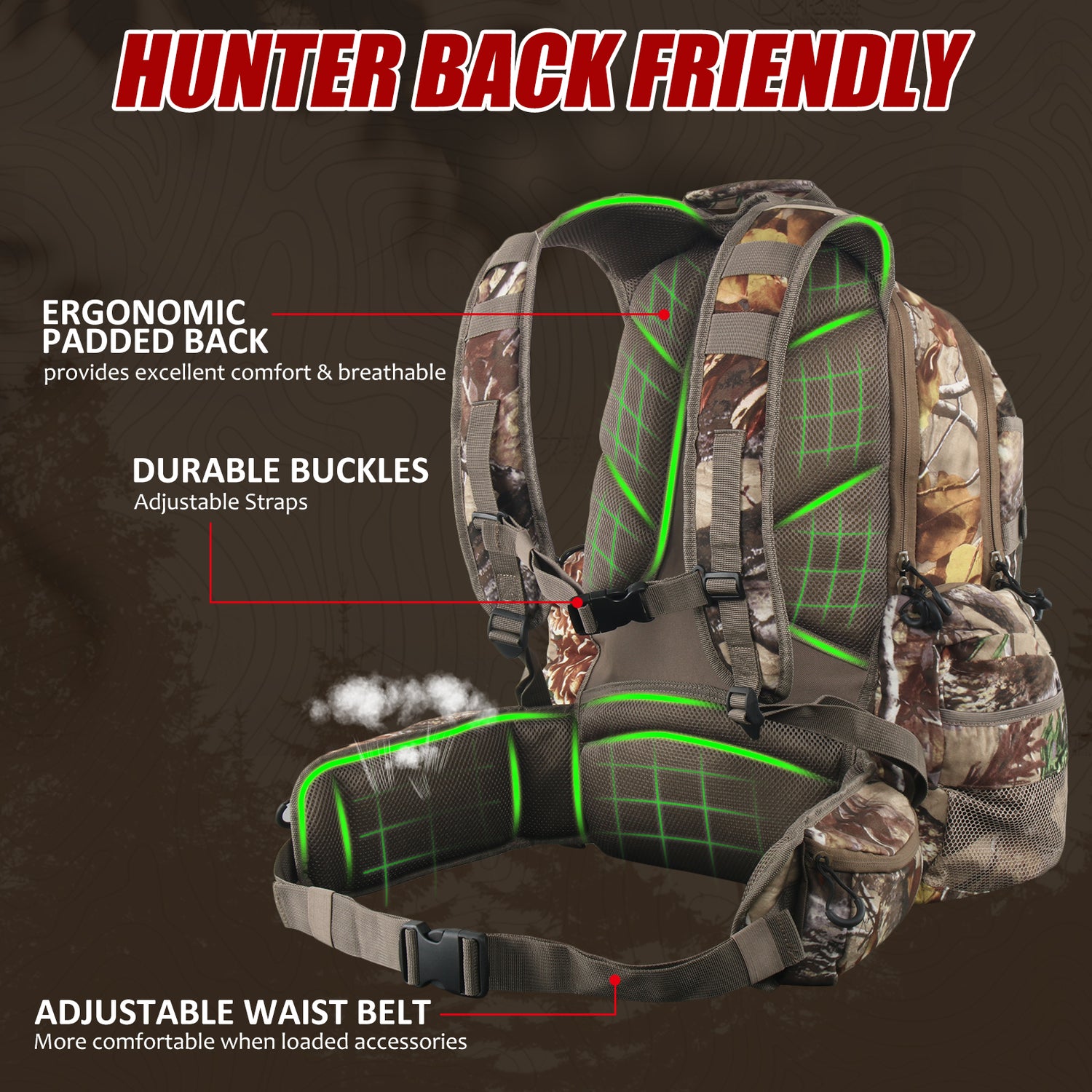 25L/35L Hunting Backpack with Waterproof Rain Cover, Large Capacity Day Pack with Holder, Men/Women Deer Hunting Gear Hunting Accessories (Camo Pine-Cones)