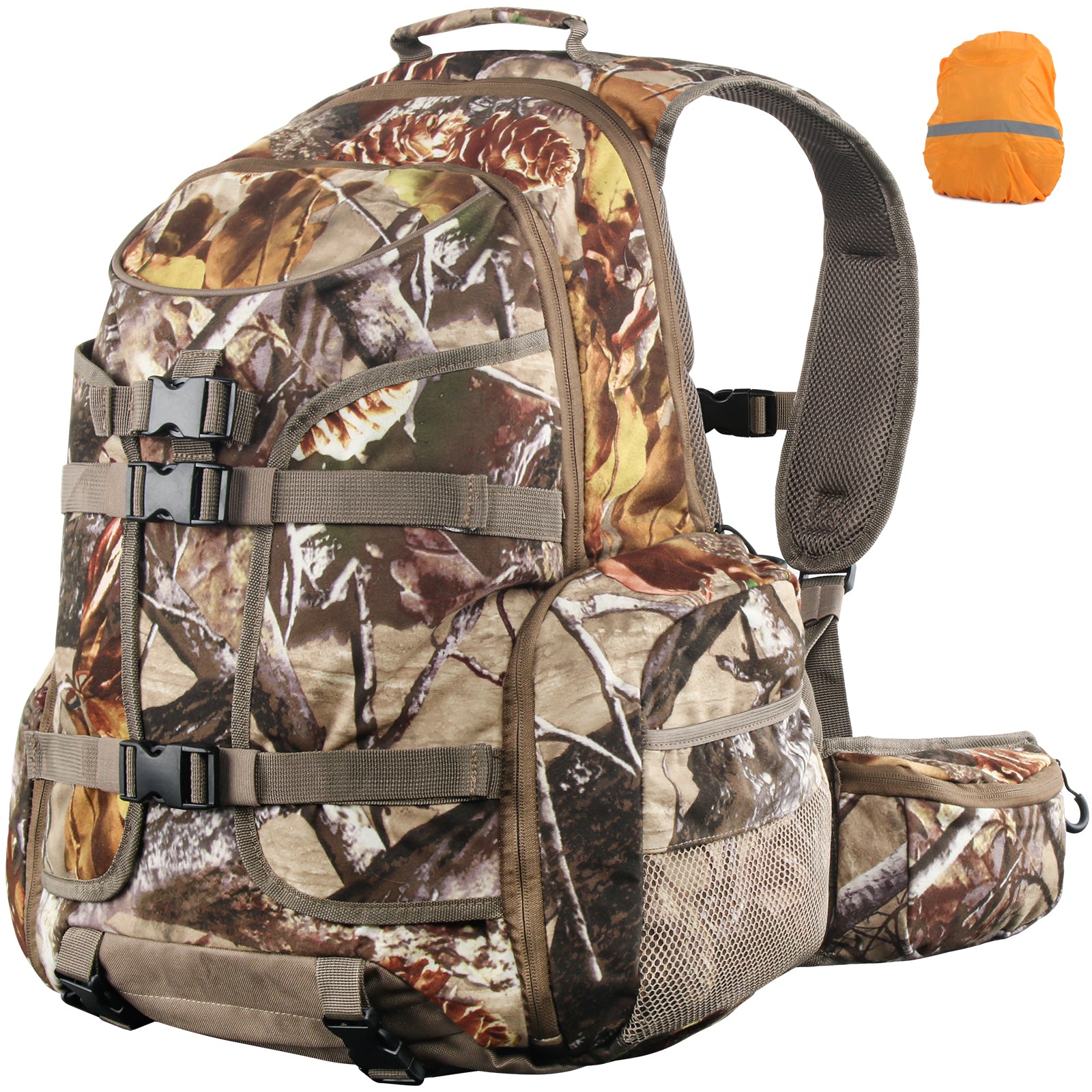 Hunting Backpack With Rifle/Bow Holder & Rain Cover – 1000D Polyester Camo – Large, Water-Resistant, Fits 15” Laptop – KR-HB-221019-CM