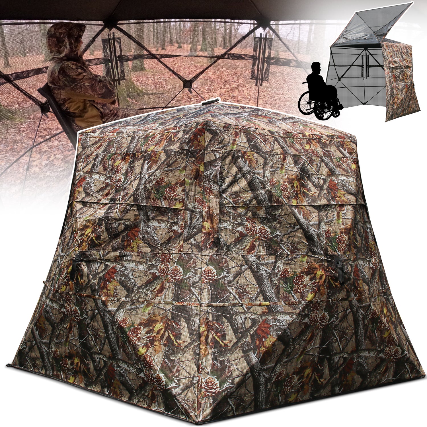 ShedOFF Wide Bottom Easy Zipper Door Waterproof 4 Sides 360 Full See Through Hunting Blind 2-3 Person Pine Cone Camo