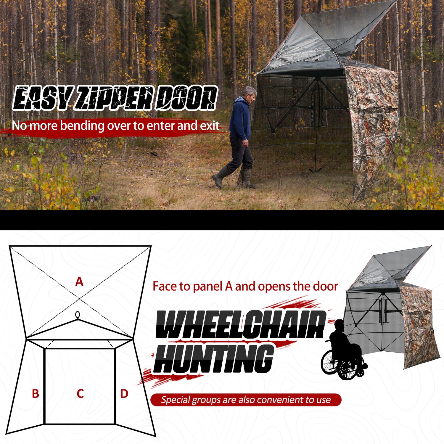 ShedOFF Wide Bottom Easy Zipper Door Waterproof 4 Sides 360 Full See Through Hunting Blind 2-3 Person Pine Cone Camo