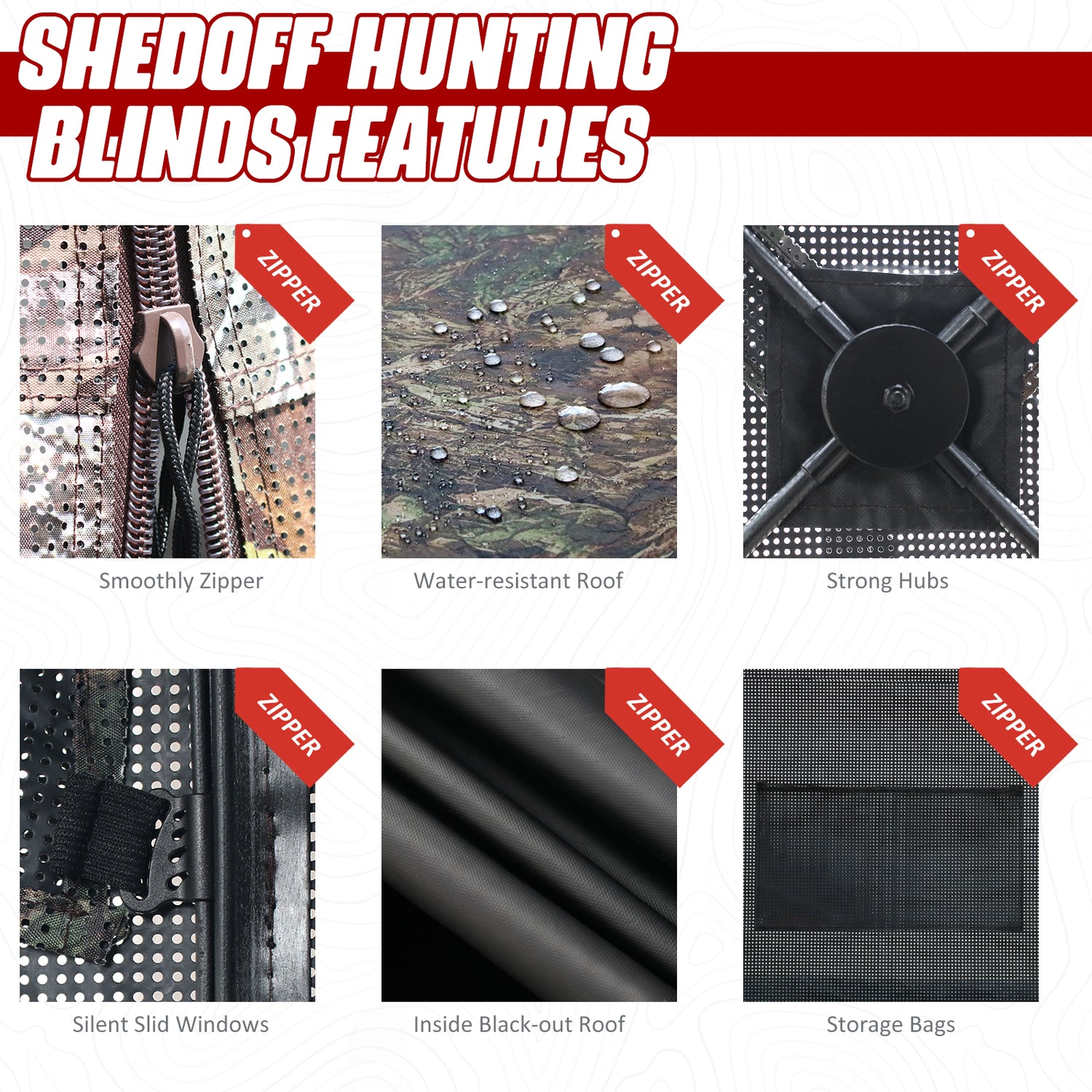 ShedOFF Wide Bottom Easy Zipper Door Waterproof 4 Sides 360 Full See Through Hunting Blind 2-3 Person Pine Cone Camo