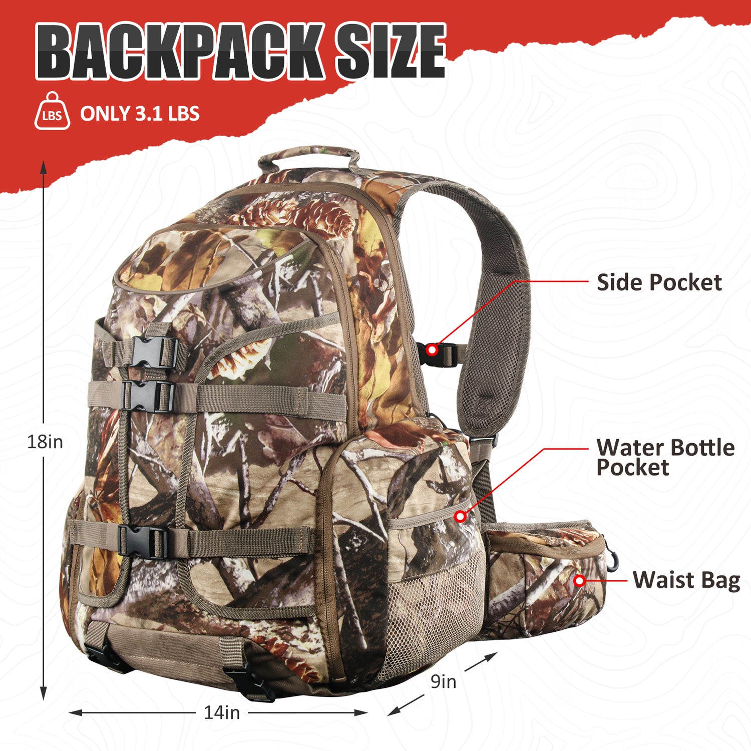 25L/35L Hunting Backpack with Waterproof Rain Cover, Large Capacity Day Pack with Holder, Men/Women Deer Hunting Gear Hunting Accessories (Camo Pine-Cones)