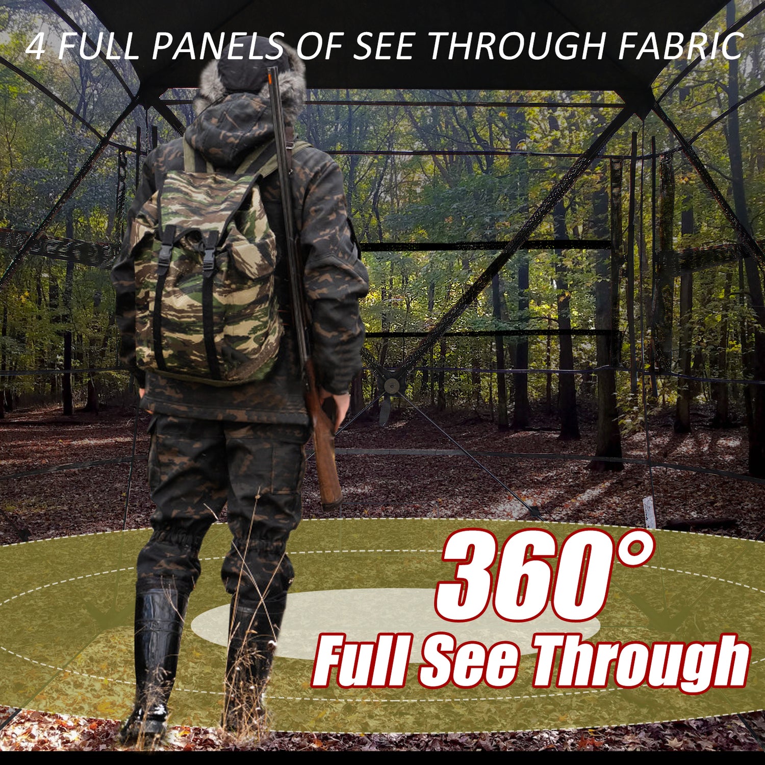 ShedOFF Wide Bottom Easy Zipper Door Waterproof 4 Sides 360 Full See Through Hunting Blind 2-3 Person Pine Cone Camo