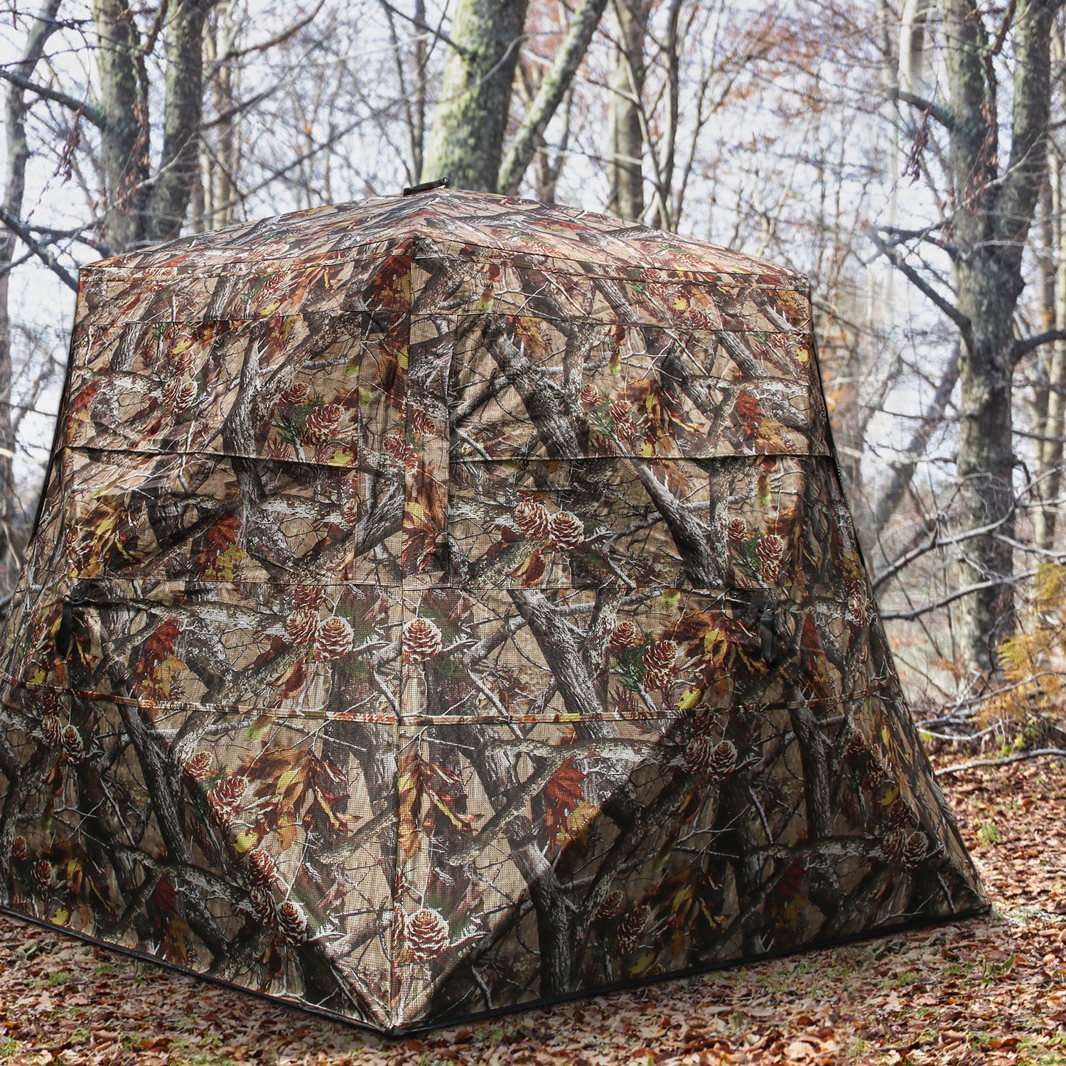 ShedOFF Wide Bottom Easy Zipper Door Waterproof 4 Sides 360 Full See Through Hunting Blind 2-3 Person Pine Cone Camo